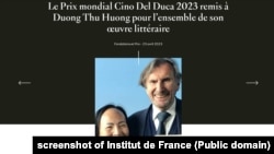 Viện Pháp quốc thông báo bà Dương Thu Hương được trao giải Cino Del Duca 2023, 23/4/2023.