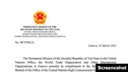 Trang đầu bức thư của Phái đoàn Thường trực nước CHXHCN Việt Nam tại Geneva trả lời Bộ phận Thủ tục Đặc biệt của Văn phòng Cao ủy Nhân quyền Liên Hợp Quốc .