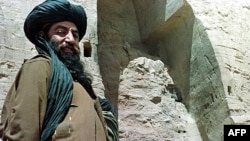 افغان طالبان ملیشیا کا ایک نامعلوم اہلکار 26 مارچ 2001 کو وسطی افغانستان کے بامیان شہر میں تقریباً تباہ شدہ سب سے اونچے بدھ مجسمے کے قریب کھڑا ہے۔