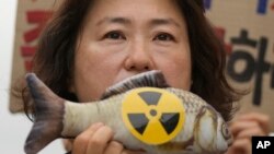 جنوبی کوریا میں جاپان سے درآمد کی جانے والی مچھلی کے خلاف احتجاج میں شامل ایک خاتون۔ 24 اگست 2023