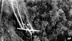 Trong bức ảnh chụp vào tháng 5/1966, một chiếc máy bay của Không lực Mỹ bay đang rải chất độc da cam trên những cánh rừng ở miền nam Việt Nam nhằm làm trụi lá cây để tiêu diệt các lực lượng Việt Cộng trong chiến tranh Việt Nam.