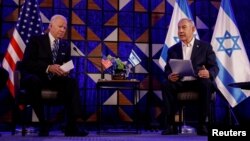 Tổng thống Joe Biden hội kiến Thủ tướng Israel Benjamin Netanyahu khi ông đến thăm Israel trong bối cảnh xung đột đang diễn ra giữa Israel và Hamas, tại Tel Aviv, Israel, ngày 18 tháng 10 năm 2023.