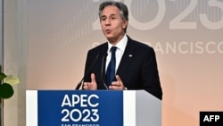 Ngoại trưởng Mỹ Blinken phát biểu tại lễ ký Hiệp định 123 về hạt nhân với Philippines bên lề hội nghị APEC ở in San Francisco, 16/11/2023.