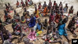 قرن افریقہ کے ایک گاؤں میں انسانی ہمدردی کی امداد کے منتظر لوگ۔ فوٹو اے پی