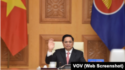 Thủ tướng Việt Nam Phạm Minh Chính phát biểu từ Hà Nội tại thượng đỉnh ASEAN-Trung Quốc được tổ chức trực tuyến hôm 22/11.