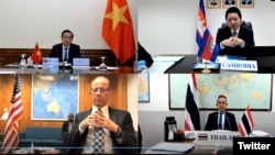 Trợ lý Ngoại trưởng Hoa Kỳ David Stilwell và các đối tác Việt Nam, Campuchia, Thái Lan tham gia thảo luận trực tuyến về Sáng kiến Hạ vùng Mekong, Bộ Ngoại giao Hoa Kỳ loan tin hôm 1/7/2020. Photo Twitter EAP Bureau.