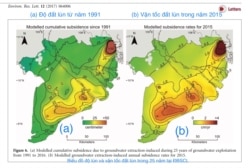 Biểu đồ độ lún và vận tốc đất lún trong 25 năm tại Đồng bằng Sông Cửu Long