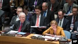 Đại sứ Hoa Kỳ tại Liên Hiệp Quốc Samantha Power, phải, phát biểu trong 1 cuộc họp Hội đồng Bảo an LHQ về cuộc khủng hoảng Ukraina, 13/3/2014